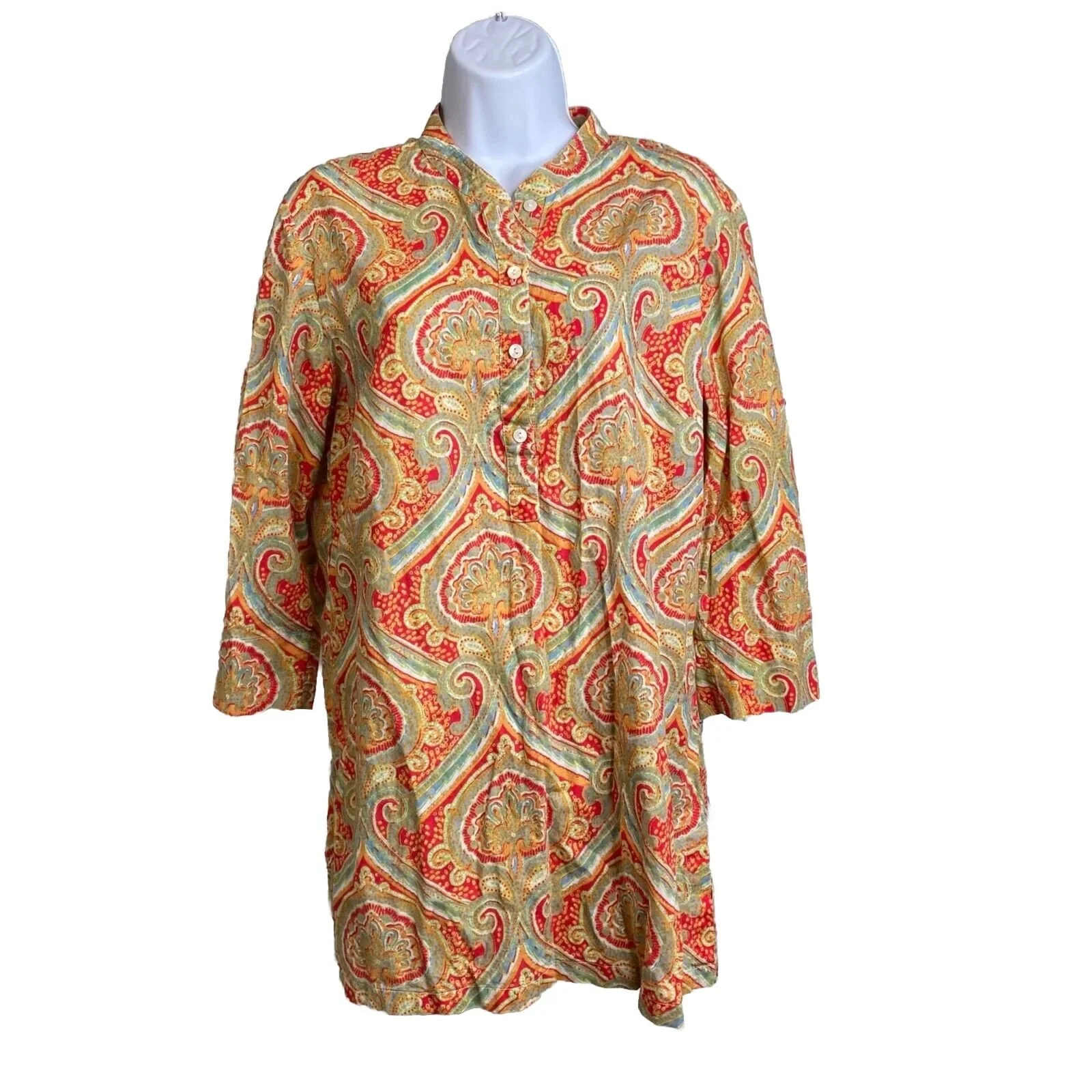 J. McLaughlin Tunic Top Sz M Teal Orange Paisley 3/4 Sleeves Mandarin Collar