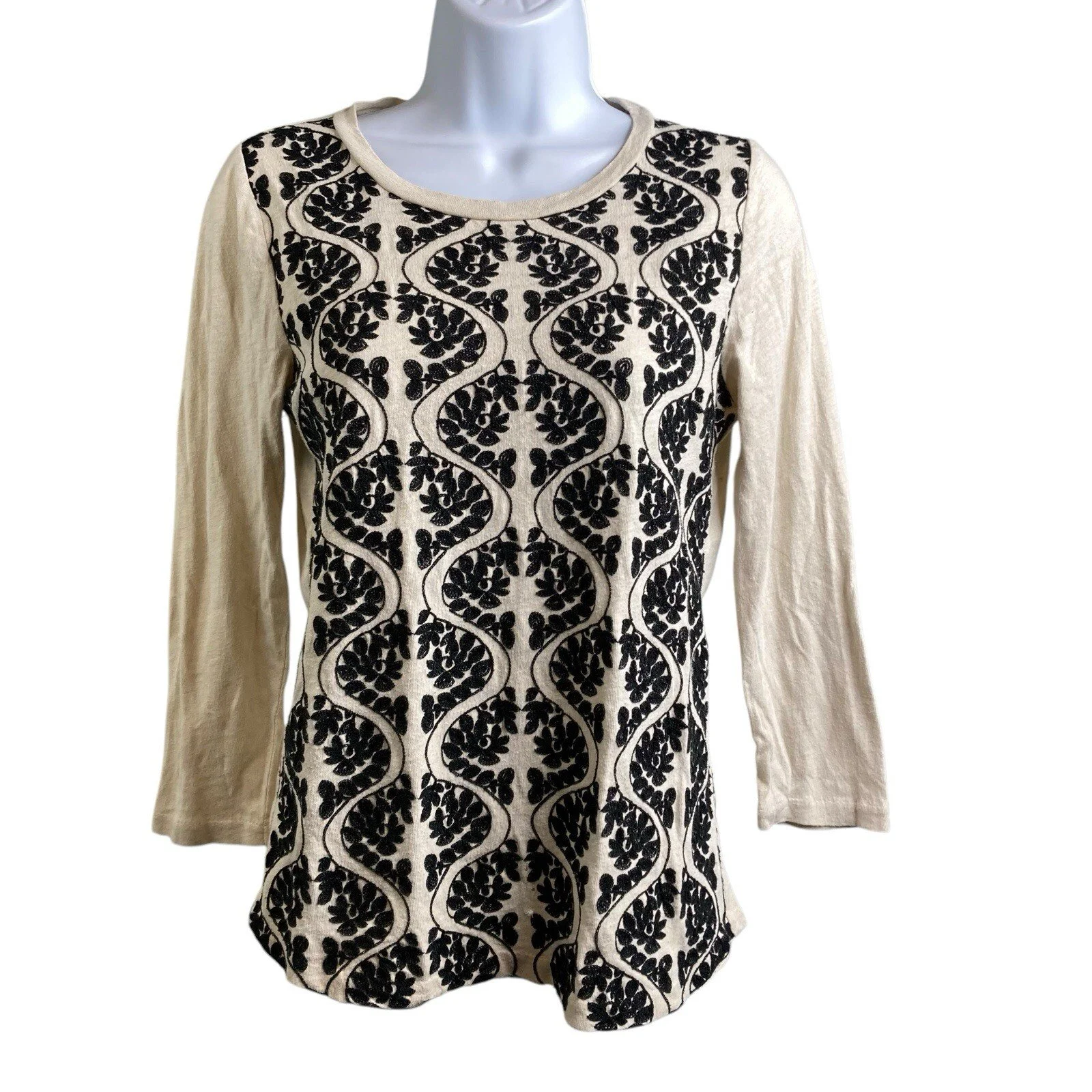 J Crew Women's Cream Black Filigree Design Top Size S Moto Boho Art To Wear