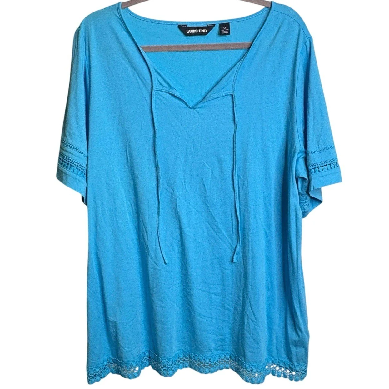 Lands End Women's Aqua Embroidered Trim Short Sleeve Top Size 1X Preppy Coastal