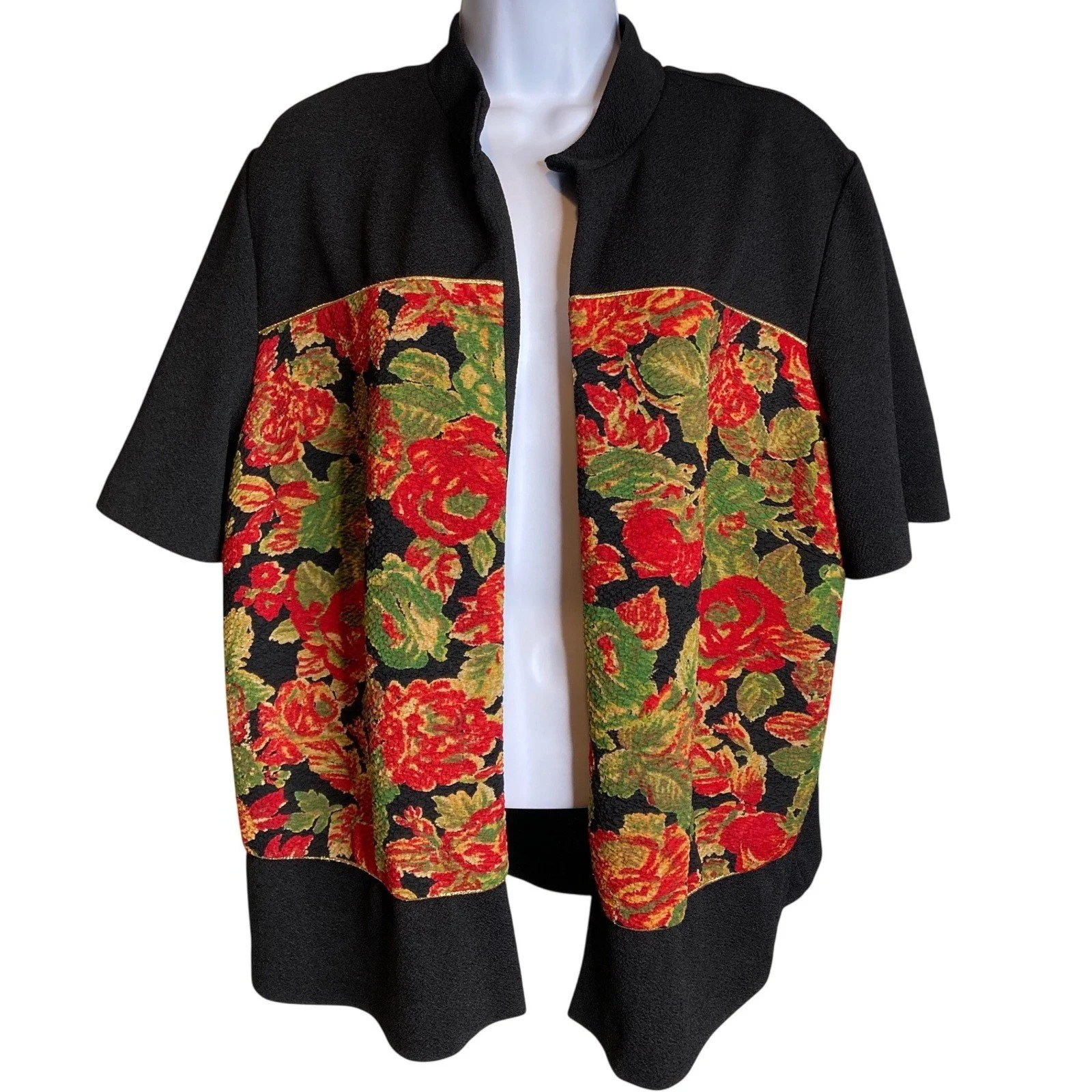 Vintage R & K Womens Black Open Front Floral Jacket Sz 18W Asian Theme Stretchy