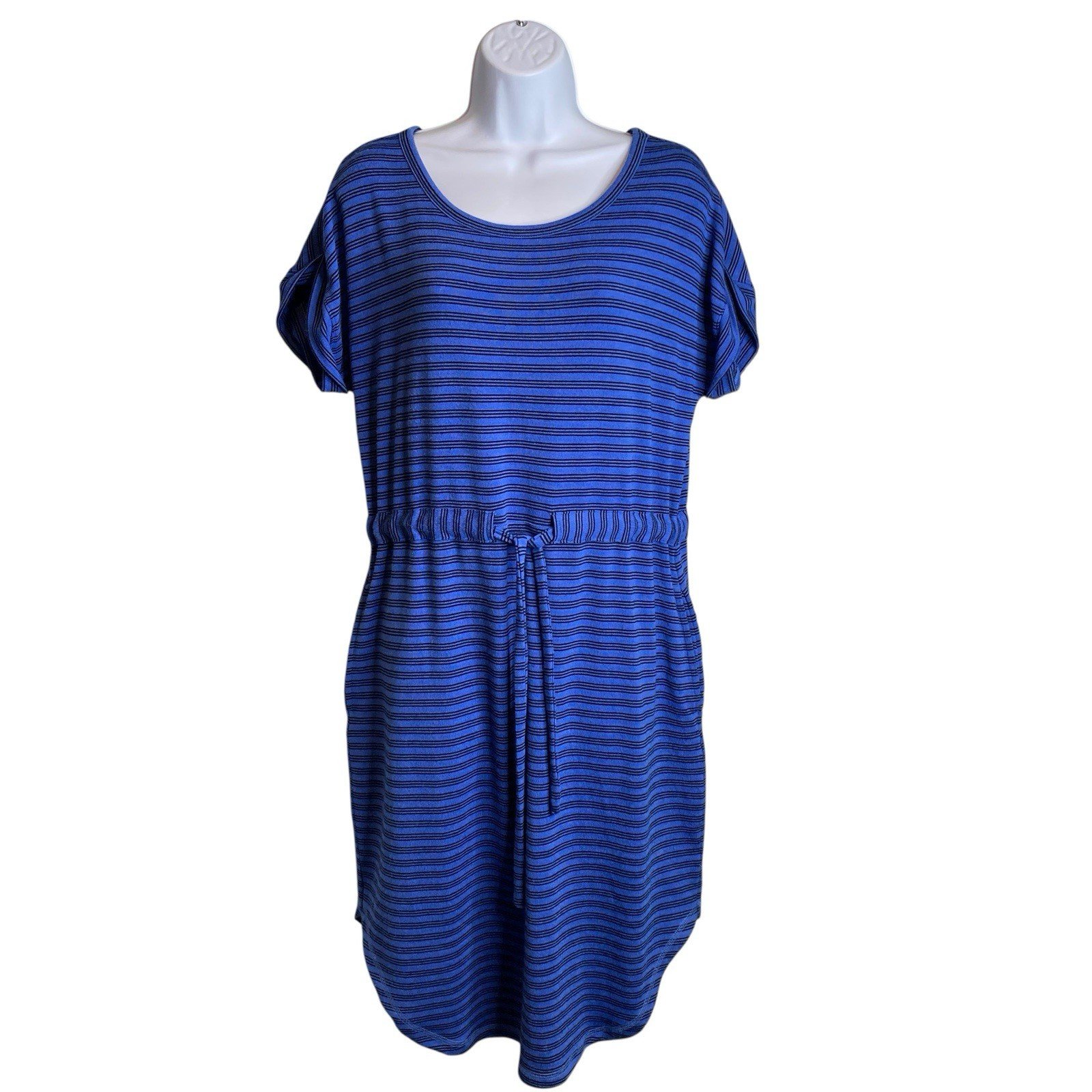 T by Talbots Women's Blue Striped Drawstring Waist T-Shirt Dress Size M Coastal