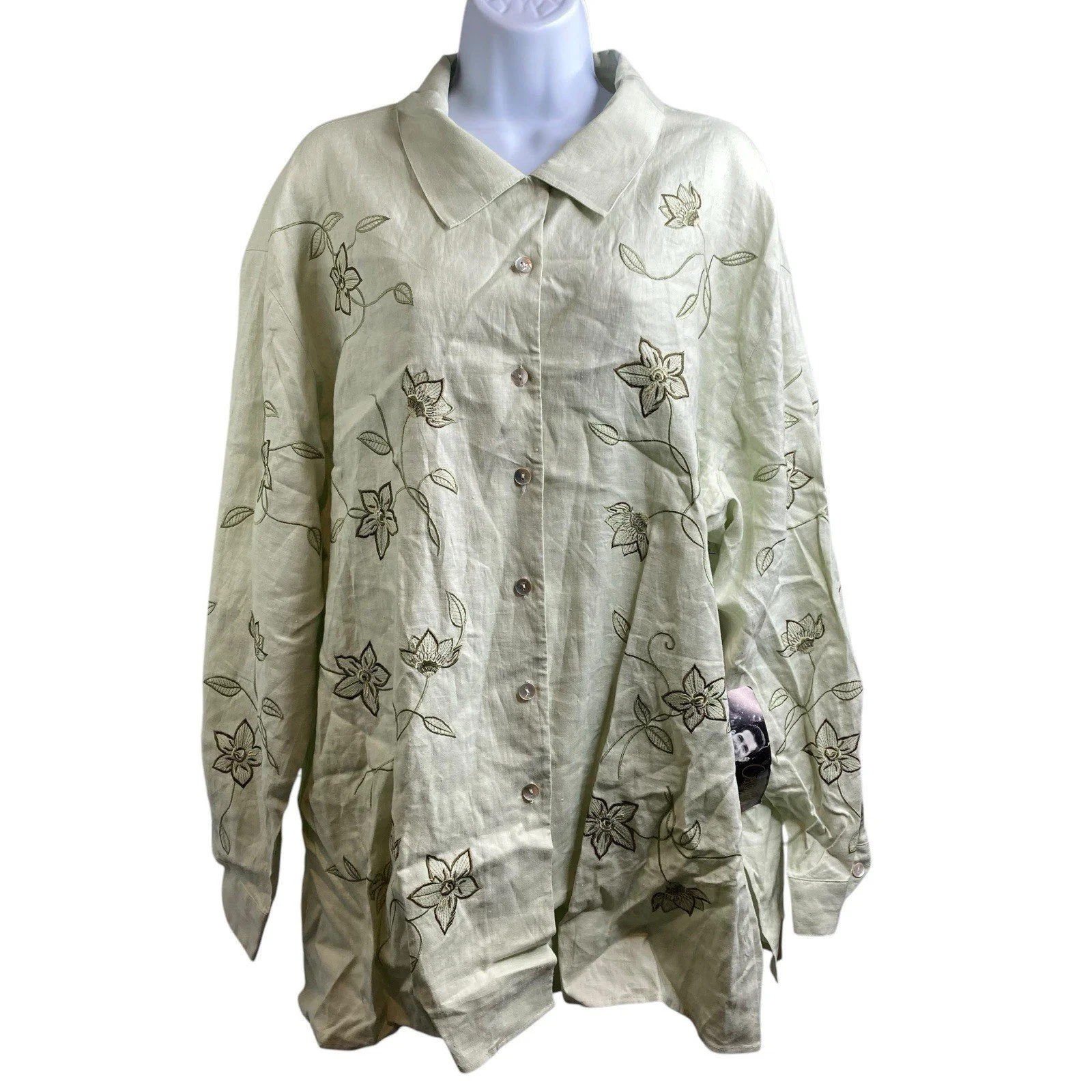 Vintage C.B Studio Women's Green Floral Linen Button Up Shirt Size 2X Lagenlook