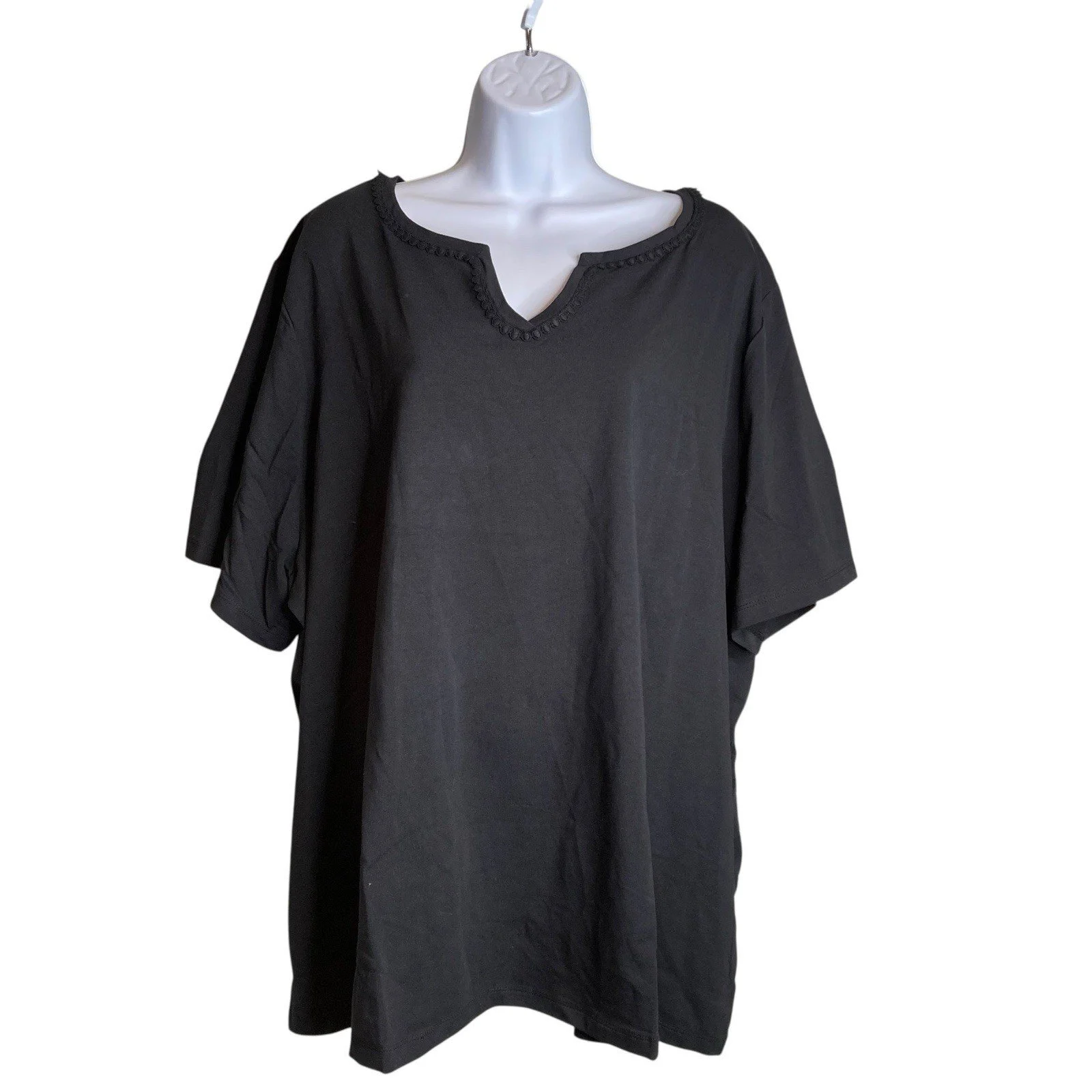 Catherine's Women's Black V Neck Short Sleeve Top Size 3X Scalloped Split Neck