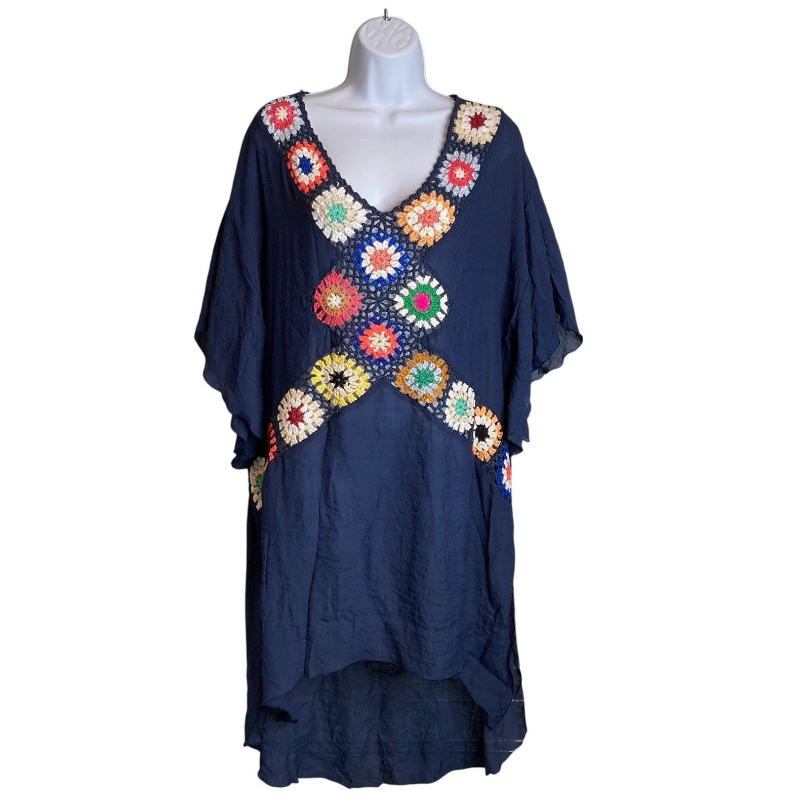 Boho Floral Crochet Women's Blue Kaftan Cover Up Dress One Size Summer Hippie