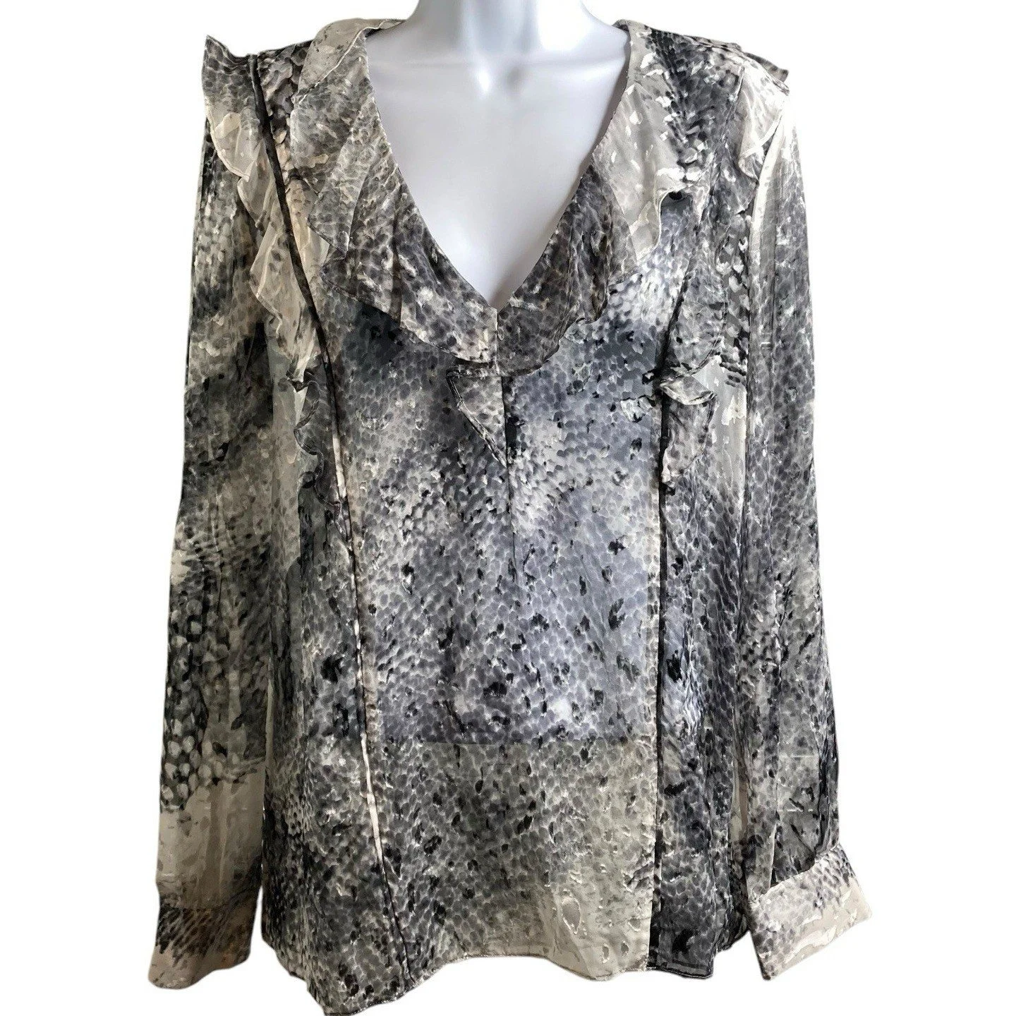 REISS Women's Gray Snakeskin Ruffled Lita Burnout Top Size 10 Old Money Career