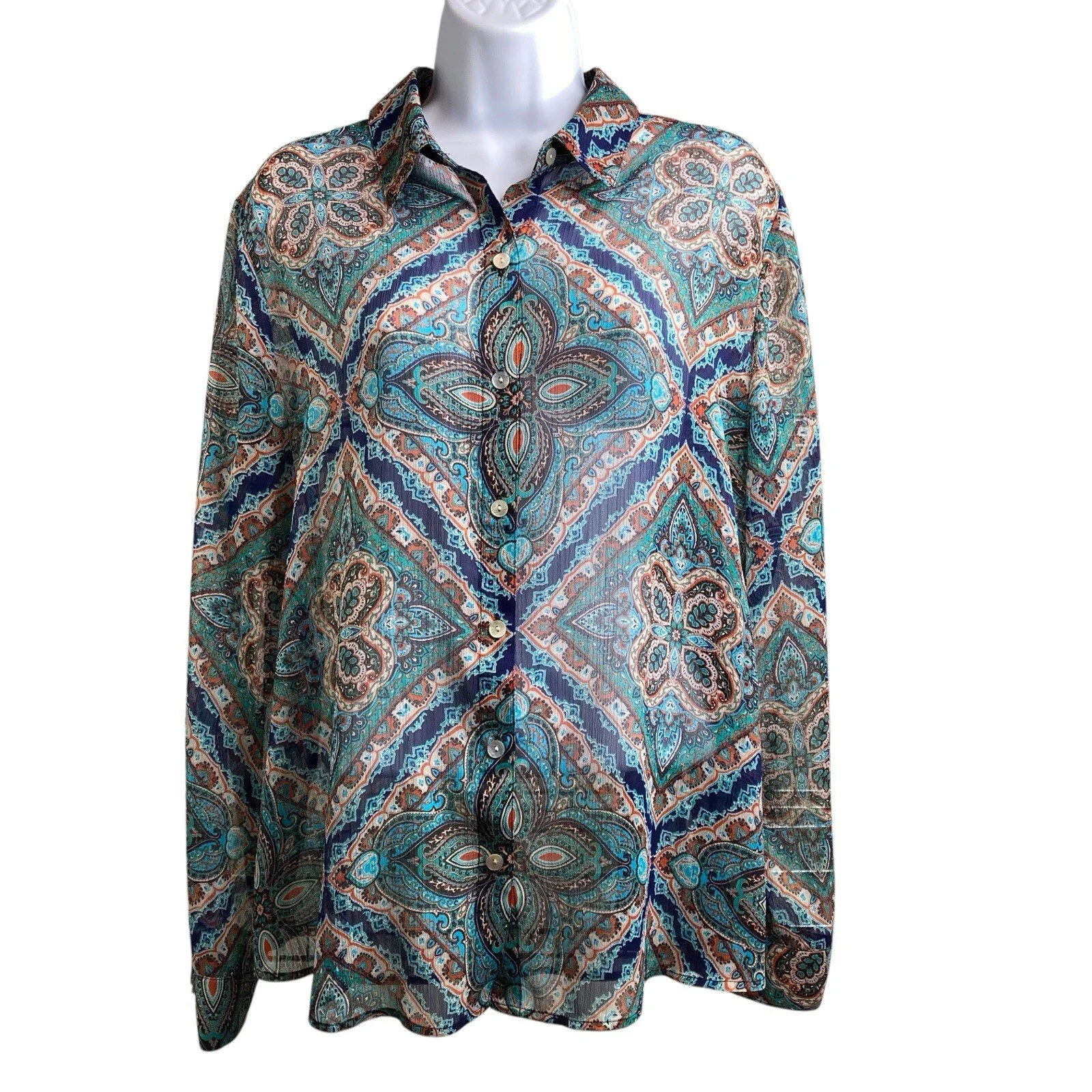 Chico’s Women's Teal Floral Sheer Blouse Size 2 Large Boho Chic Festival Flowy
