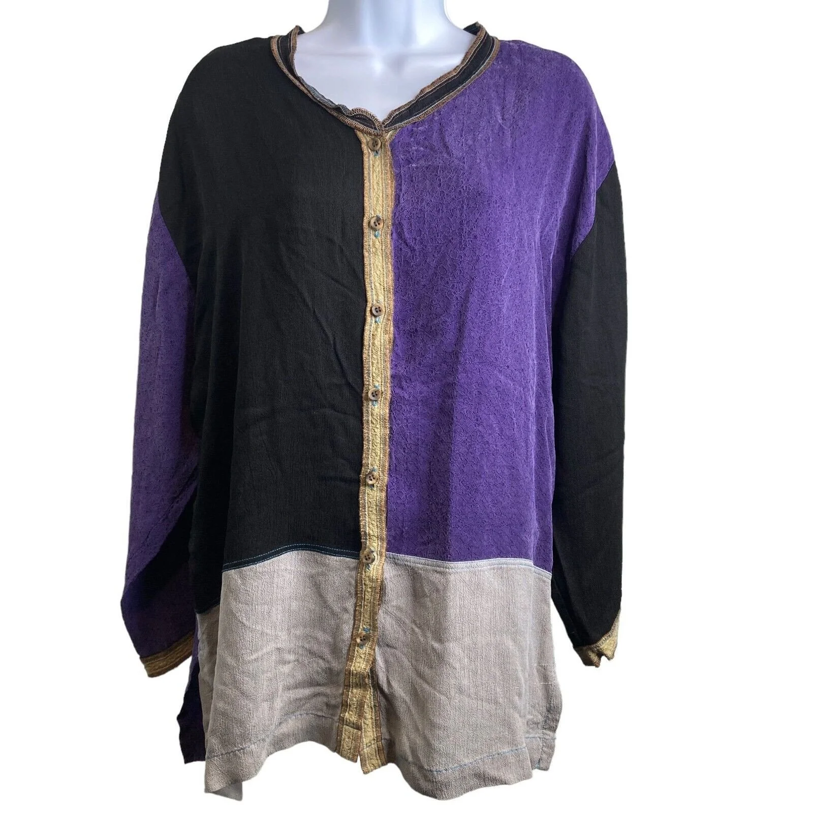 Joey Bisque By Look Women’s Patchwork Shirt Top Sz 1X Eclectic Lagenlook Boho