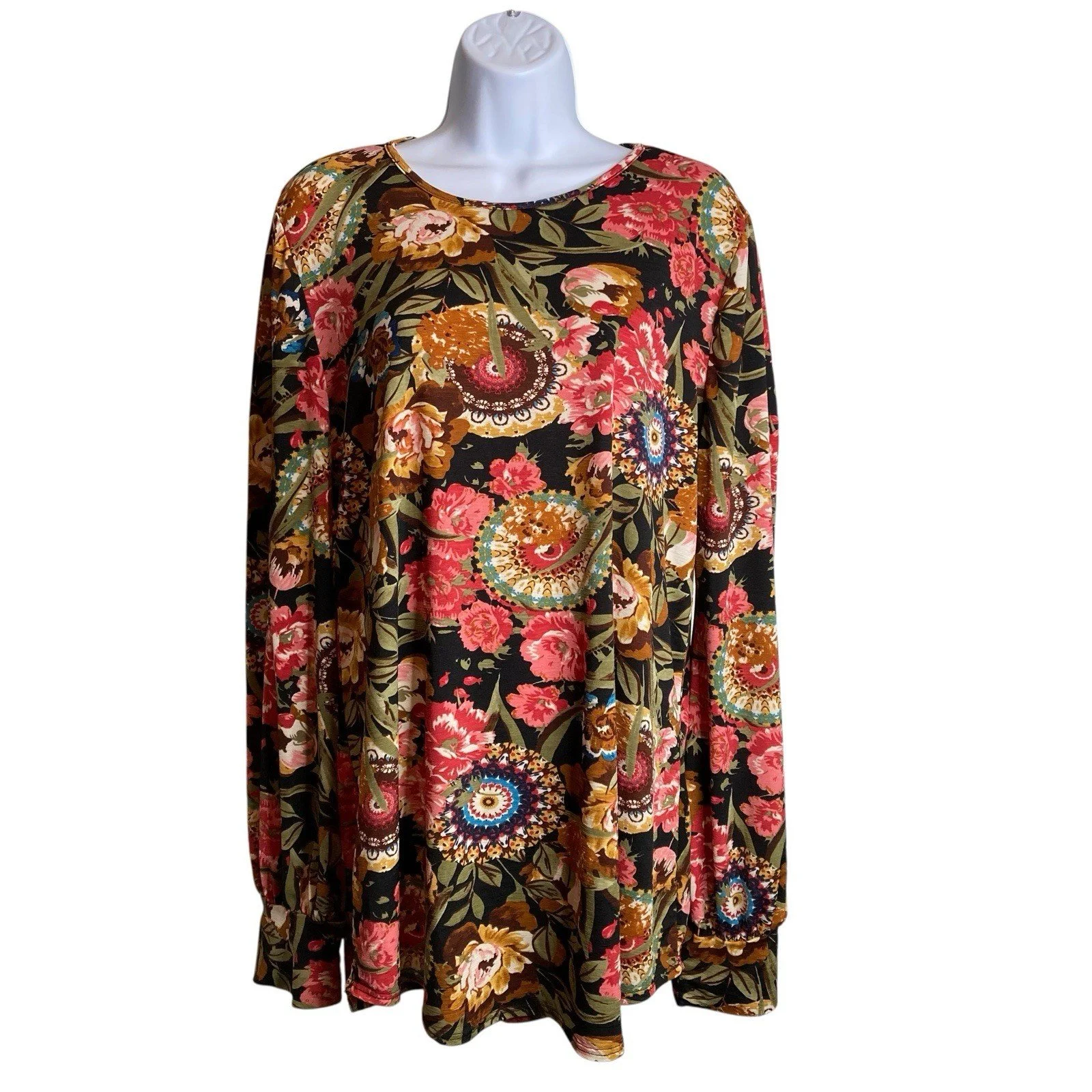 Acting Pro Women's Floral Medallion Print Long Sleeve Top Size 2X Retro Mod Boho