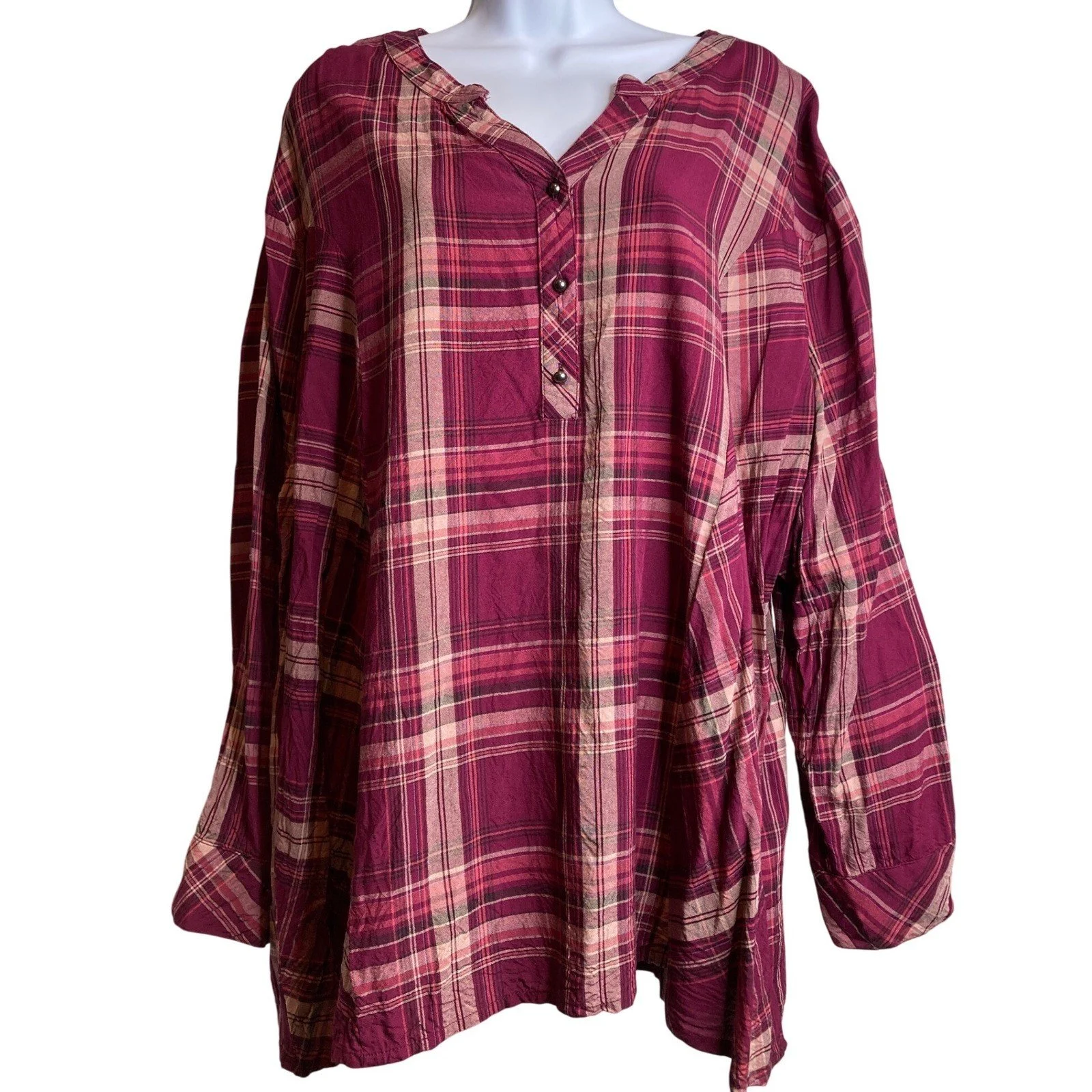 Catherines Womens Long Sleeve Tunic Top Size 2X Maroon Plaid Button Front Flowy