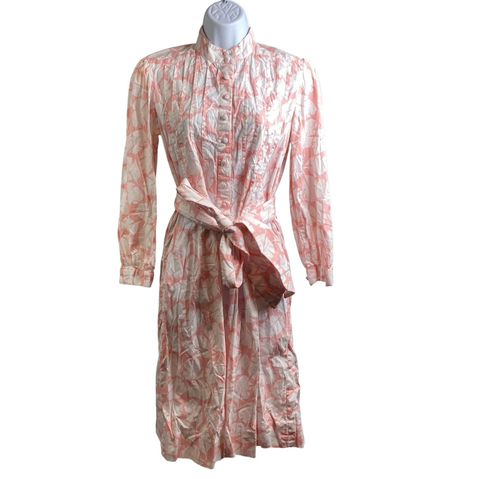 Vintage Casi Pink White Thai Shirt Dress Size 12 Hand Screened Floral Print Boho