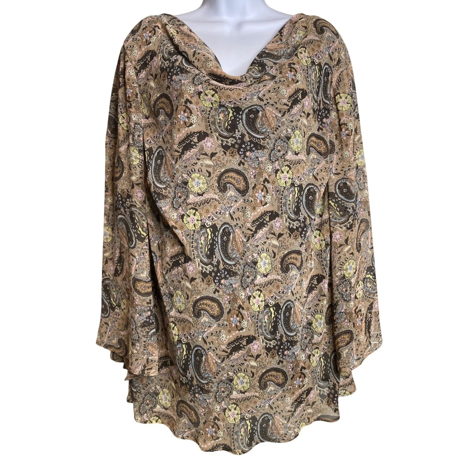 Vintage Lady Dorby Womens Brown Paisley Cowl Neck Blouse Sz 22WP Flowy Retro