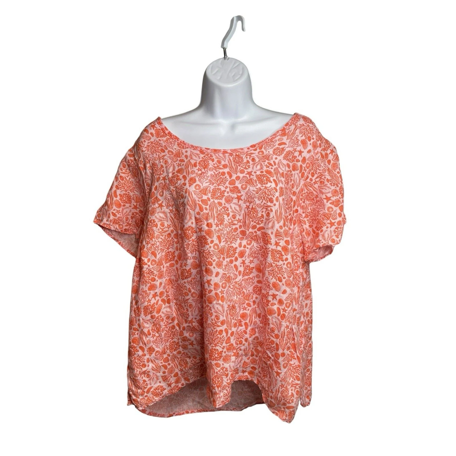 Sigrid Olsen Women's Peach Linen Floral Top Size 1X Lagenlook Coastal Flowy