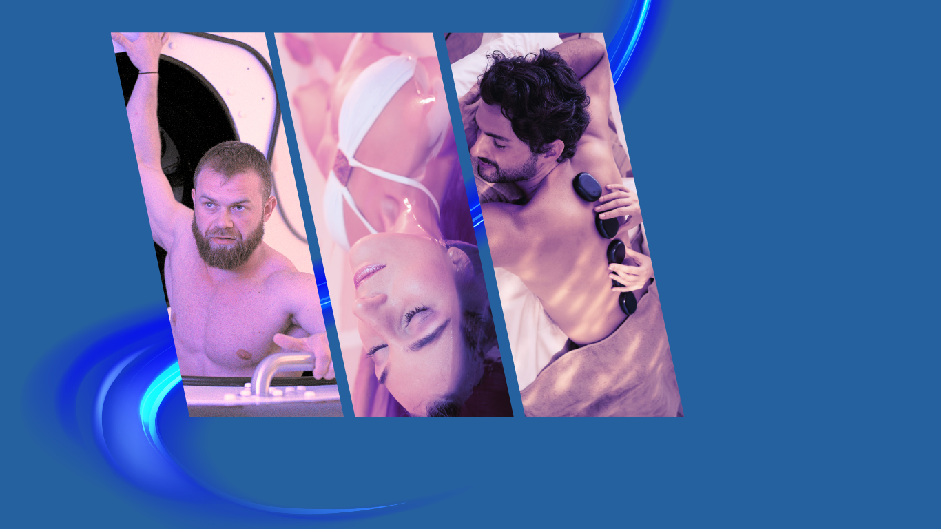 A collage of three images showing people engaging in wellness and relaxation activities, surrounded by a blue background with a glowing blue swirl design.