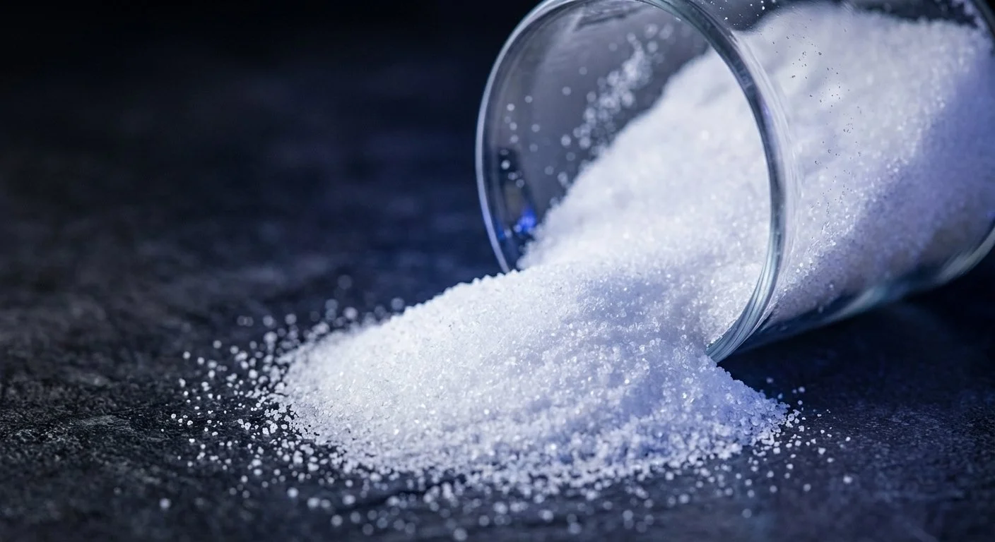 A clear glass container tilted on a dark surface, spilling white granulated salt.