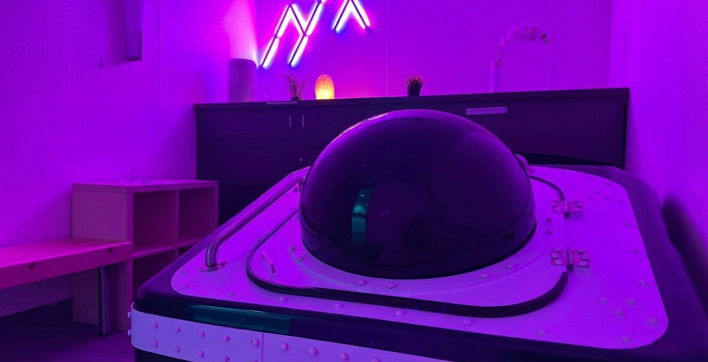 A scoop-shaped object on a bed under purple neon lighting, with a dark background featuring abstract pink neon lines and a white orchid flower.