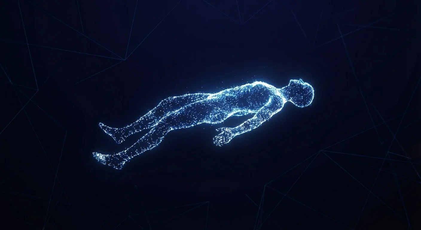 Digital representation of a human figure swimming in a dark background, composed of glowing blue particles.
