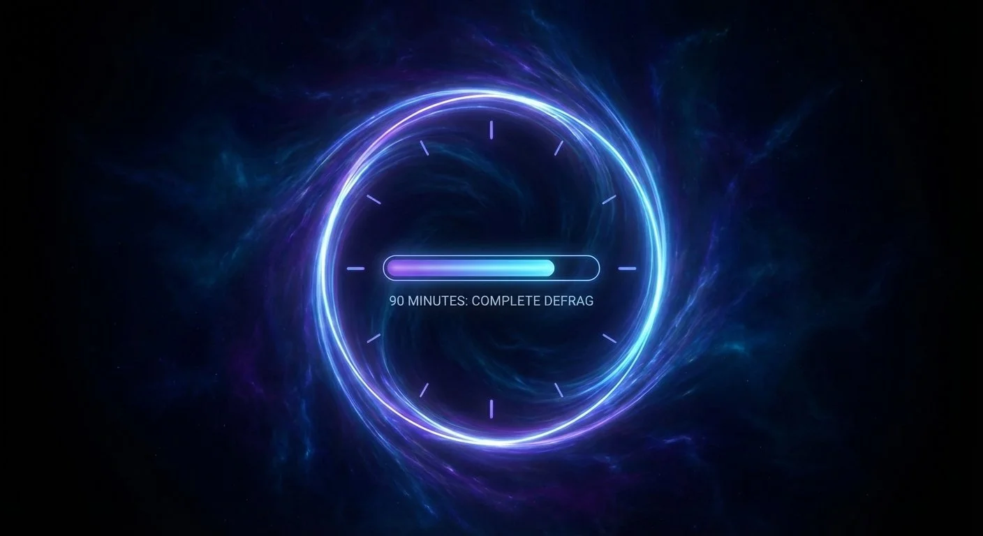 A digital graphic of a clock with a glowing neon outline in space, showing a loading bar in the center that says '90 MINUTES: COMPLETE DEFRAG'.