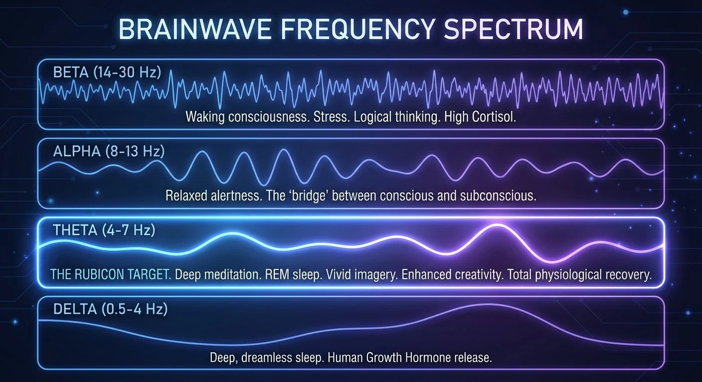 Diagram titled 'Brainwave Frequency Spectrum' showing four bands: Beta (14-30 Hz) associated with waking, stress, and high cortisol; Alpha (8-13 Hz) linked to relaxed alertness; Theta (4-7 Hz) related to deep meditation and REM sleep; and Delta (0.5-4 Hz) connected to deep sleep and growth hormone release.