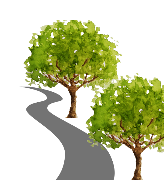 Watercolor painting of two green-leaf trees along a winding gray path.