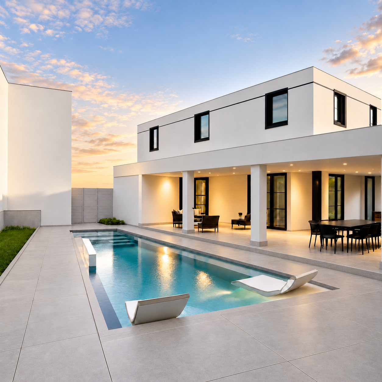 Casa minimalista con piscina al atardecer.png