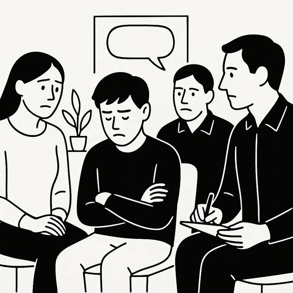 A black and white illustration of a group therapy session with four people, including a woman and three men, sitting and talking in a room with a potted plant and a speech bubble above.