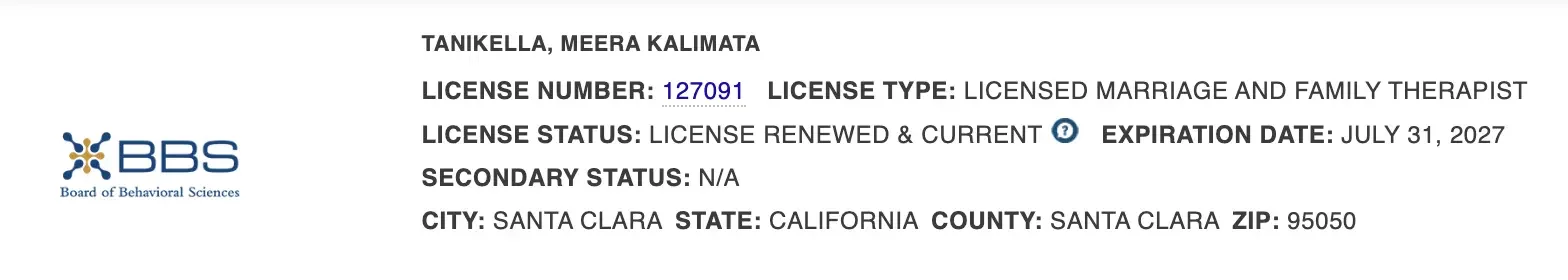 License certificate for Meera Kalimata, issued by the Board of Behavioral Sciences, with license number 127091, license type for licensed marriage and family therapist, valid until July 31, 2027, in Santa Clara, California.