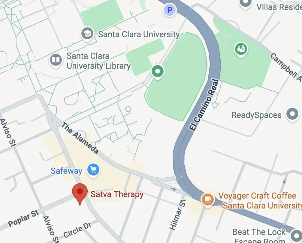 Map of Santa Clara University area showing streets, the university's library and campus, nearby businesses including Safeway, Satva Therapy, Voyager Craft Coffee, and Beat The Lock Escape Room, with El Camino Real road and nearby parks.