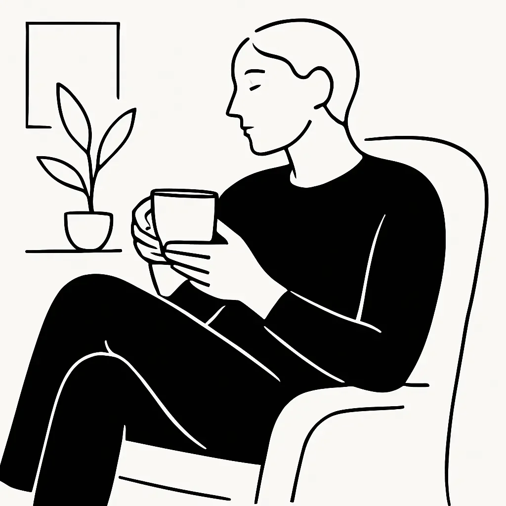 Black and white illustration of a woman sitting in a chair, holding a cup, with a potted plant and a picture frame in the background.
