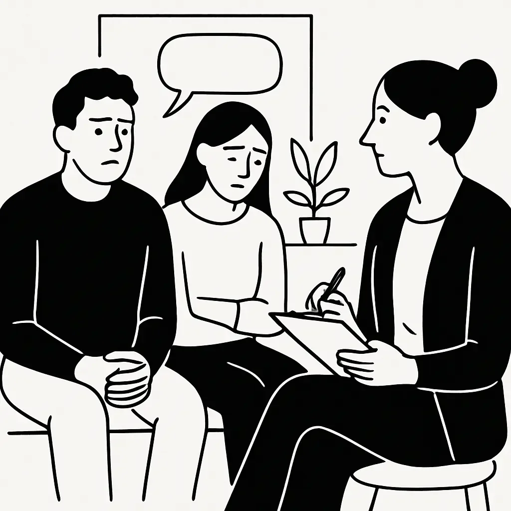 Black and white illustration of three people in a counseling session, with a therapist holding a clipboard and talking to a man and woman who appear distressed.