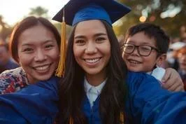 A woman in a blue graduation cap and gown with a gold tassel, smiling, with a young boy in glasses and a blue robe, both smiling outdoors.
