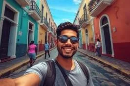 Smiling man taking a selfie on a colorful street with historic buildings and other people walking.