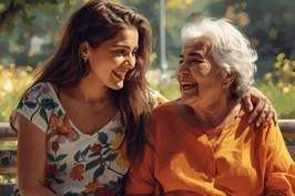 A young woman and an elderly woman smiling and sitting together outdoors.