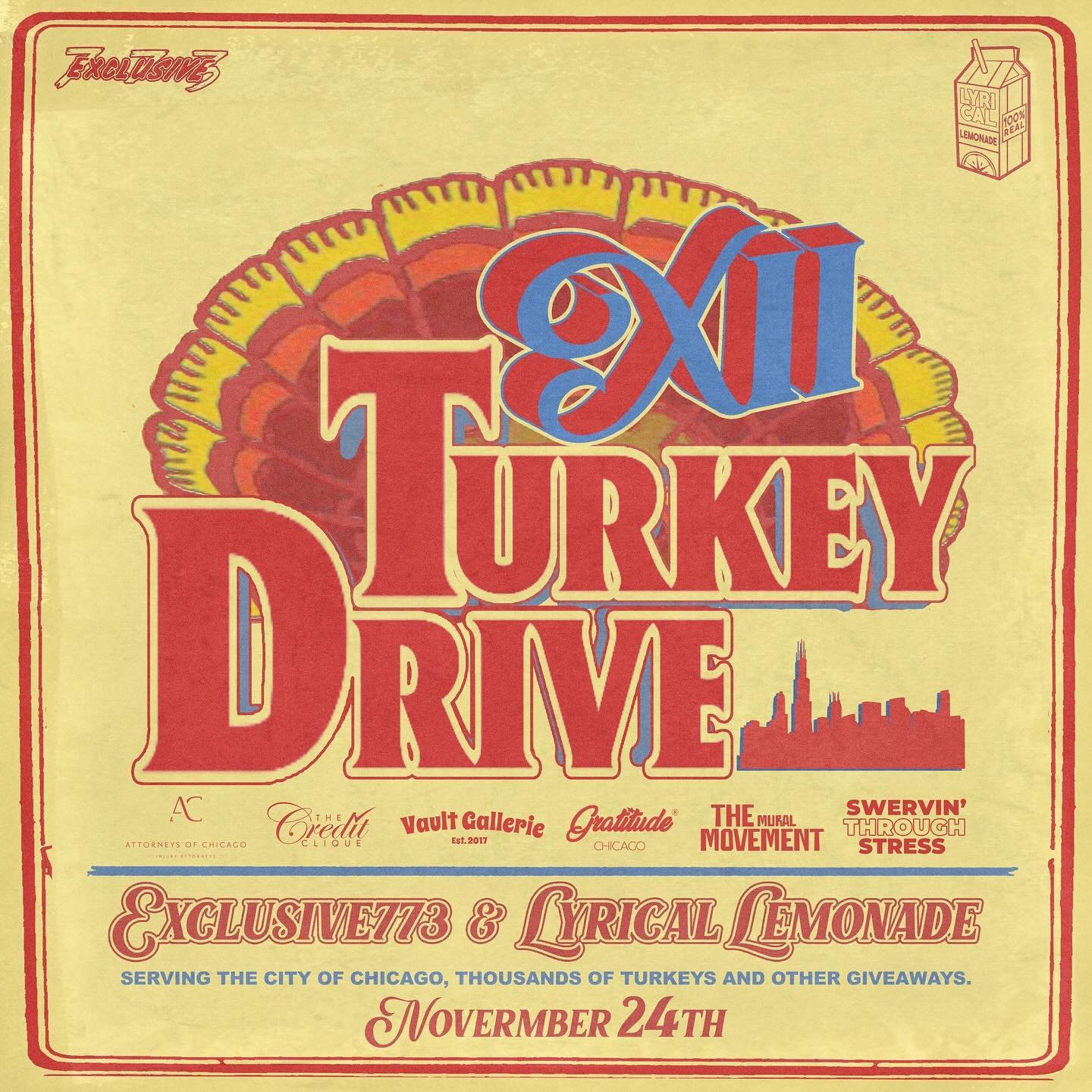 Chicago, it&rsquo;s that time of the year again. 
The Exclusive773 12th Annual Turkey Drive is 11/24! 
Locations will be announced next week 
🦃🦃🦃🦃🦃🦃🦃🦃🦃🦃🦃

We are accepting donations NOW! Info below. ⬇️
Zelle: delilah@themuralmovement.org
C