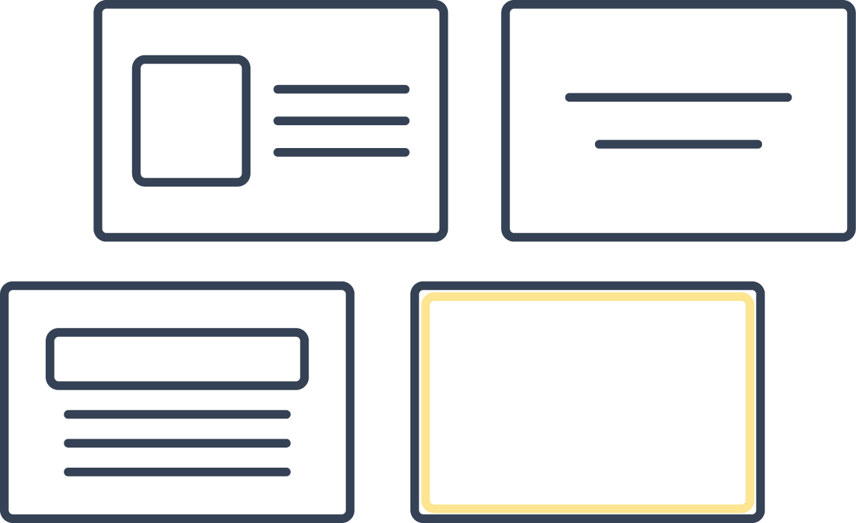 Four computer screens with wireframe layouts for web pages, including various graphic elements and text sections.