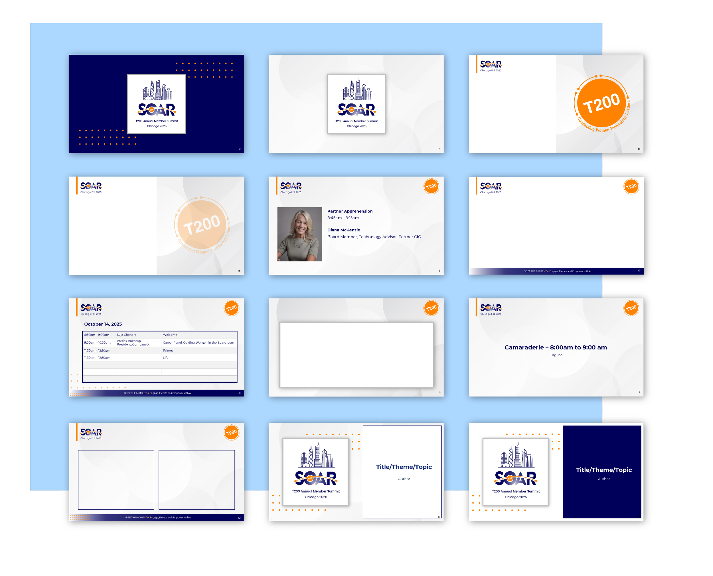 A collection of presentation slides for the SOAR T200 Annual Member Summit Chicago 2025. The slides include event details, agenda, speaker profiles, and branding with a city skyline logo and orange accents.
