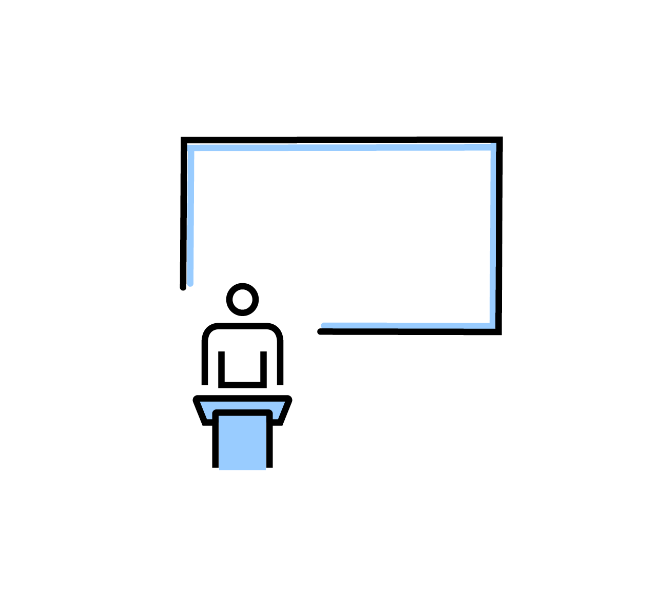Minimalistic diagram of a person standing in front of a presentation board or screen.