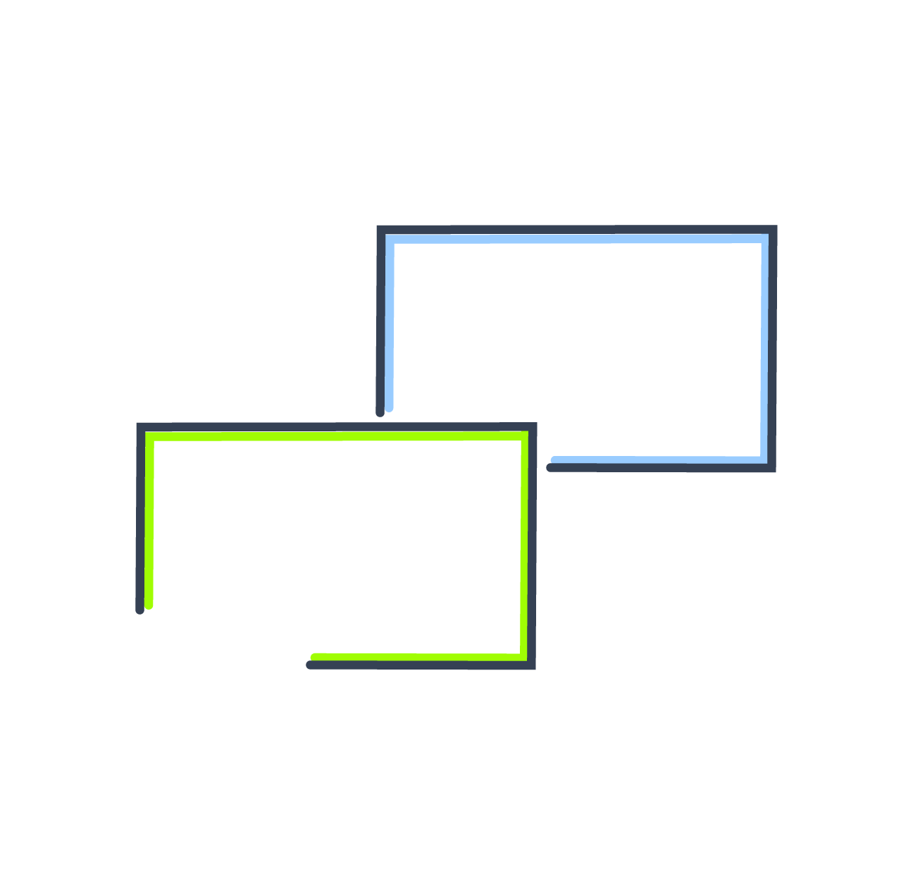 Two overlapping outlined squares, one in blue and one in green, with a minimalist design on a white background.