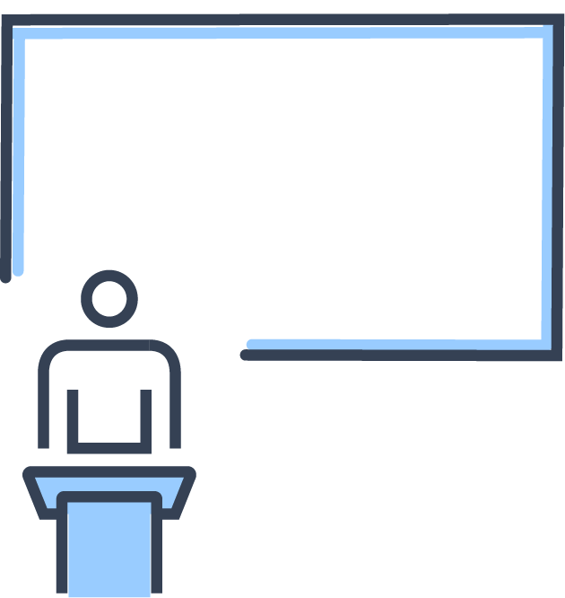Simple line drawing of a person standing at a podium in front of an empty whiteboard in a classroom or presentation setting.