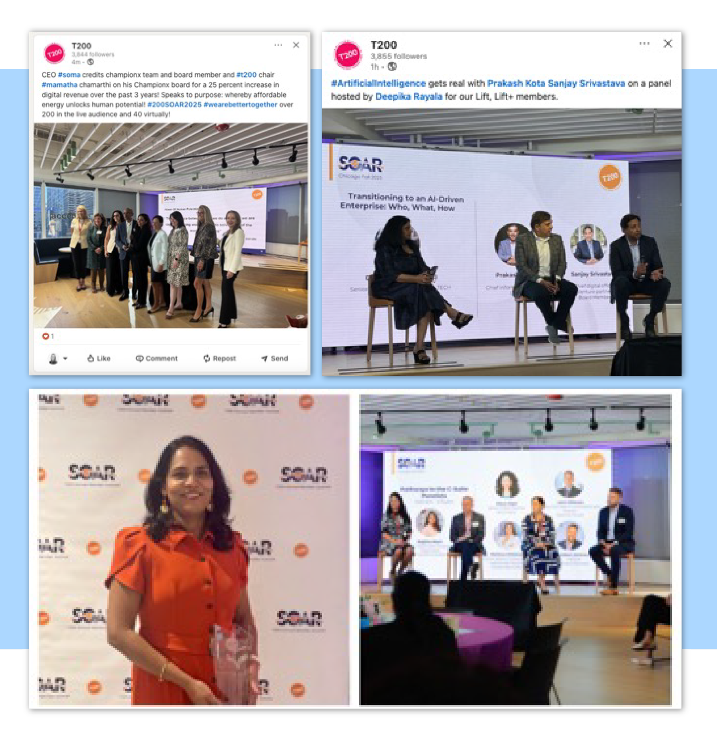 Screenshots of social media posts showing panels with women speaking at a conference, with the backdrop displaying logos and text related to artificial intelligence and innovation.