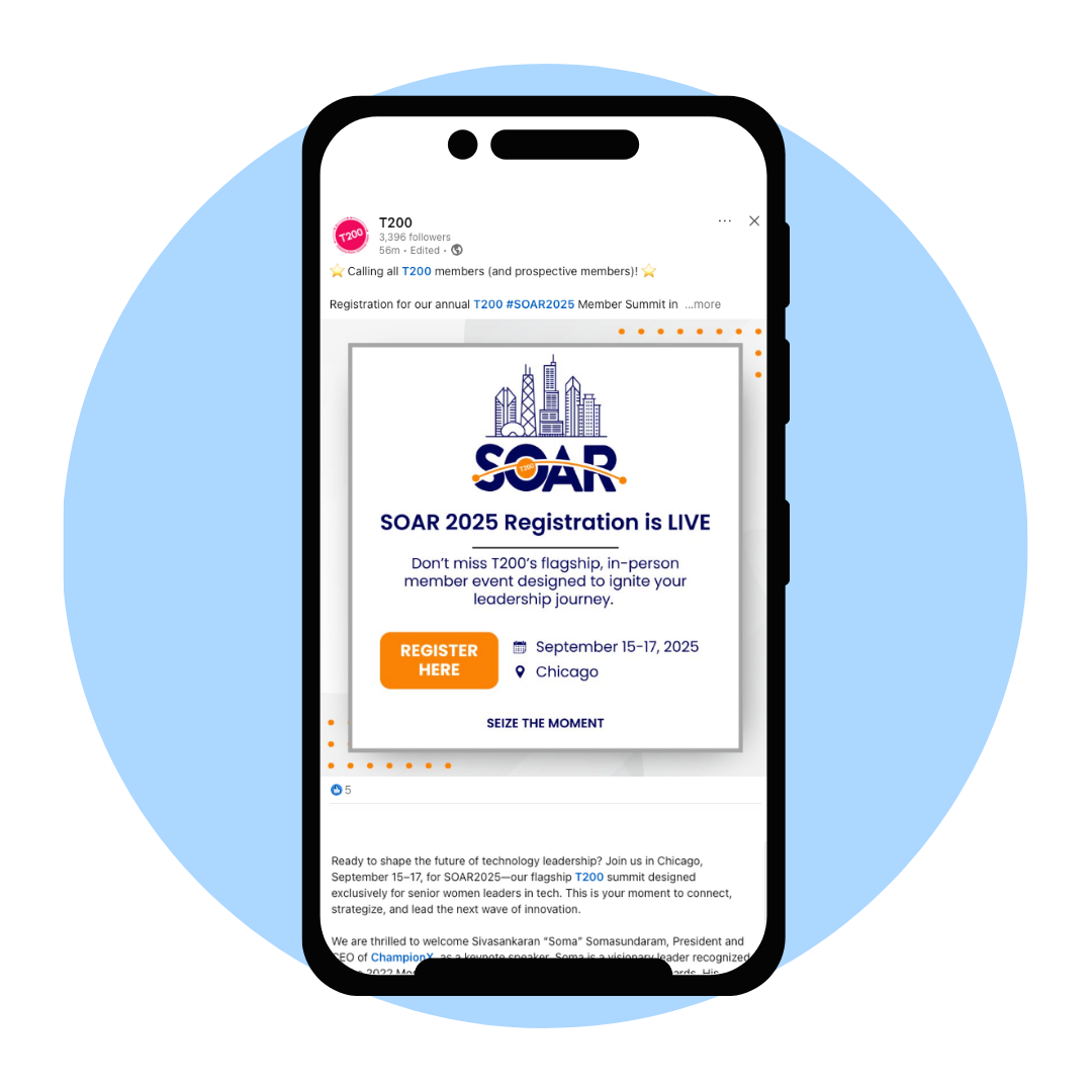 Smartphone screen displaying a registration advertisement for SOAR 2025 event in Chicago, scheduled for September 15-17, 2025, with options to register.