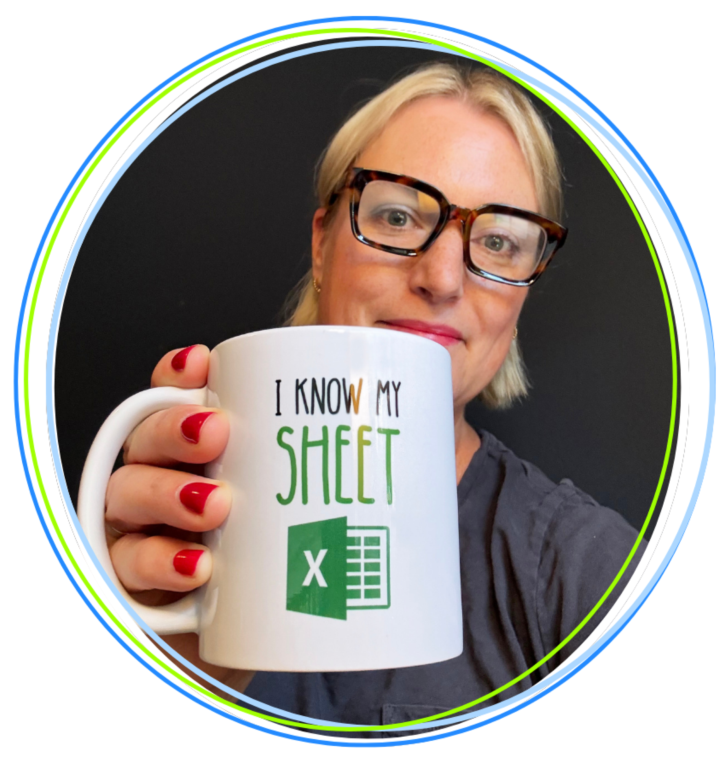 A woman with blonde hair and glasses holding a white mug with the text 'I know my cheat sheet' printed in green and black, against a black background.
