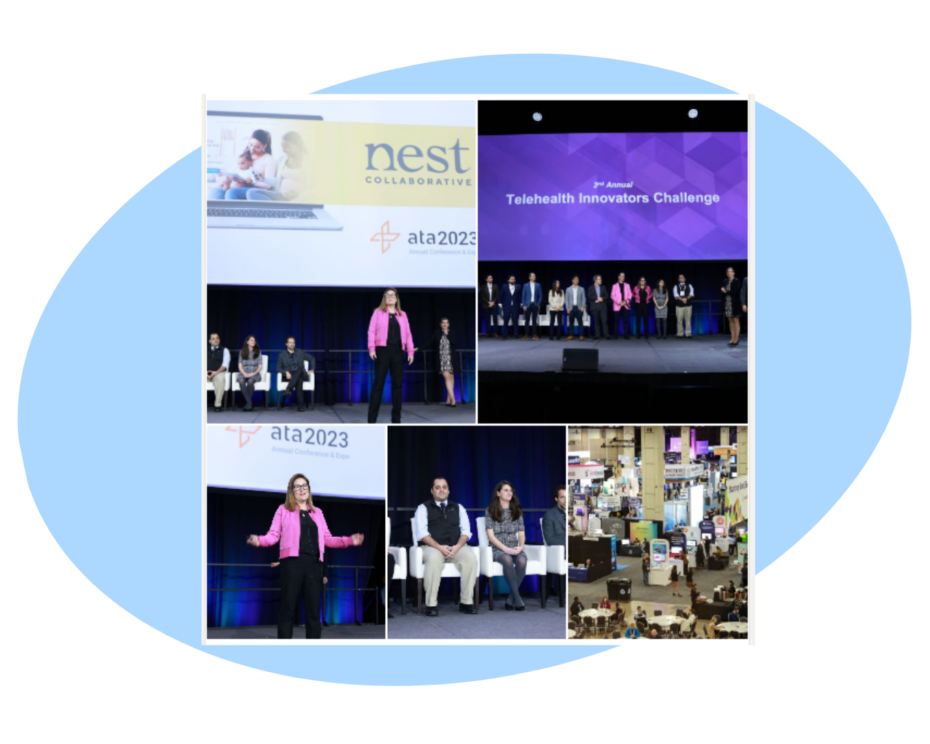 Collage of images from a conference called ata2023, featuring speakers on stage, audience members, and an exhibition hall with booths and displays.