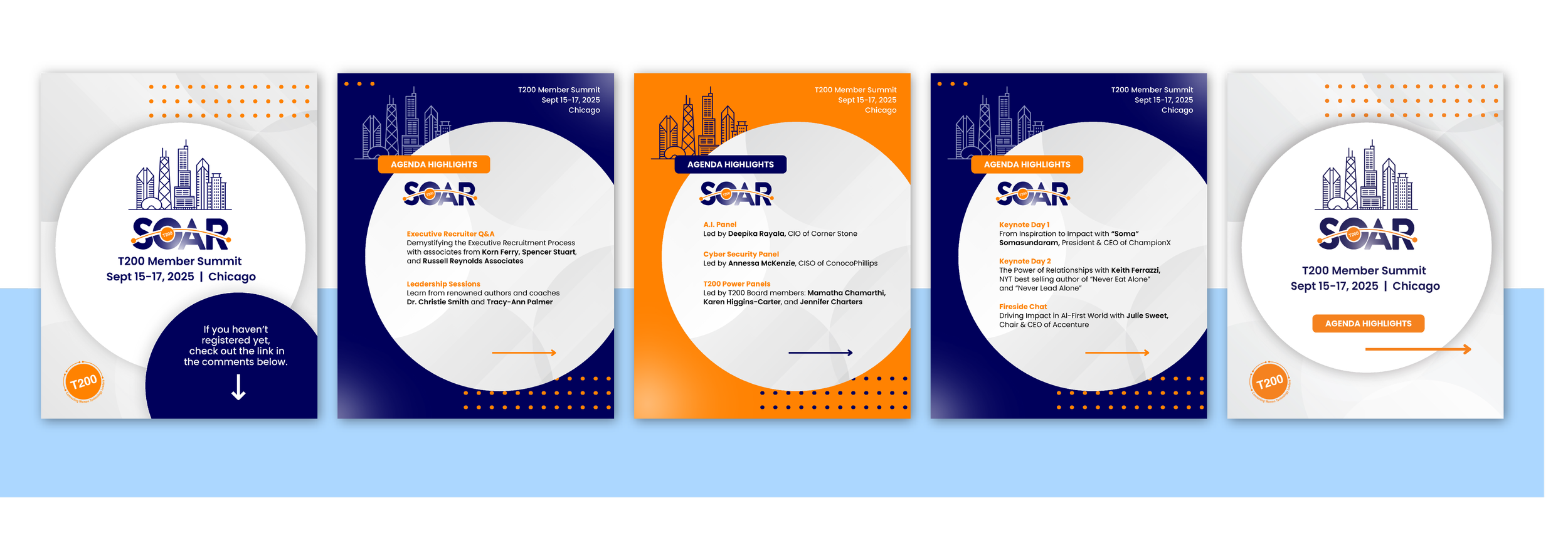 Screenshots of a presentation slide deck for the T200 Member Summit in Chicago, September 15-17, 2025, with agenda highlights including speaker topics, keynotes, and panels.