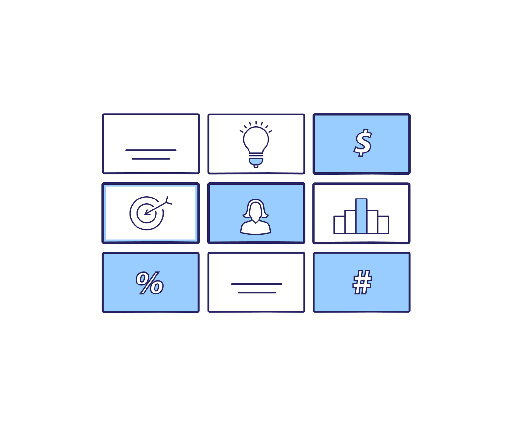 Collection of icons including a document, lightbulb, dollar sign, target with arrow, person, bar chart, percent sign, equal sign, and hashtag, arranged in a grid with some icons highlighted in blue.