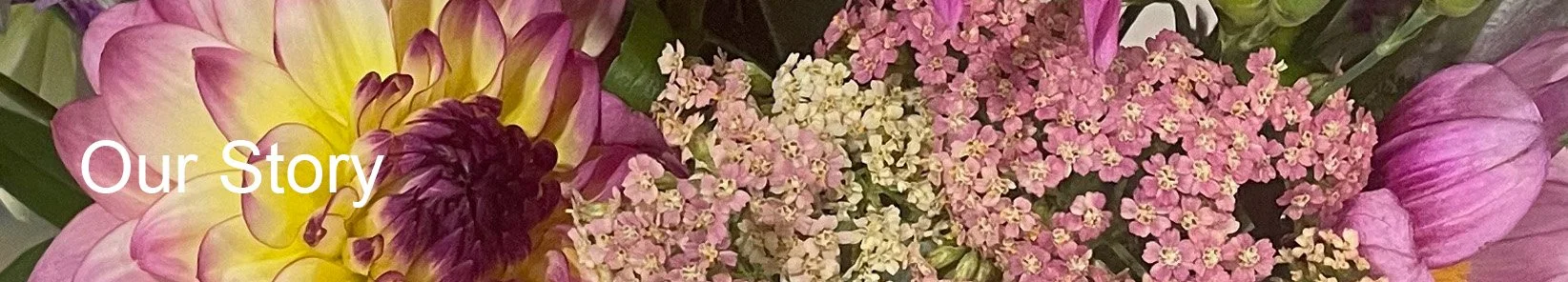 Colorful flower bouquet with 'Our Story' text