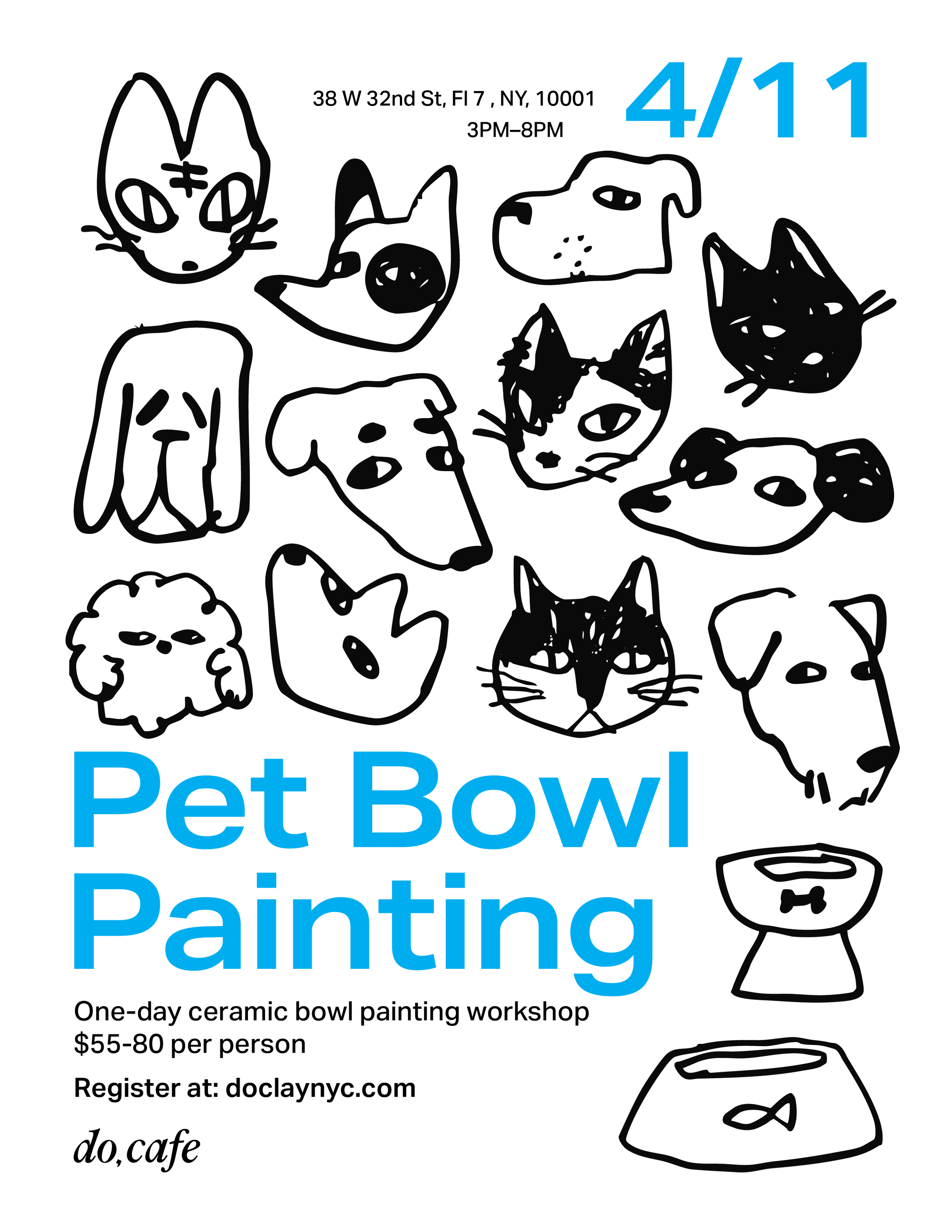 Poster for a pet bowl painting even on Saturday April 11 at Doclay. Depicts many cats and dogs in a scribbled style.