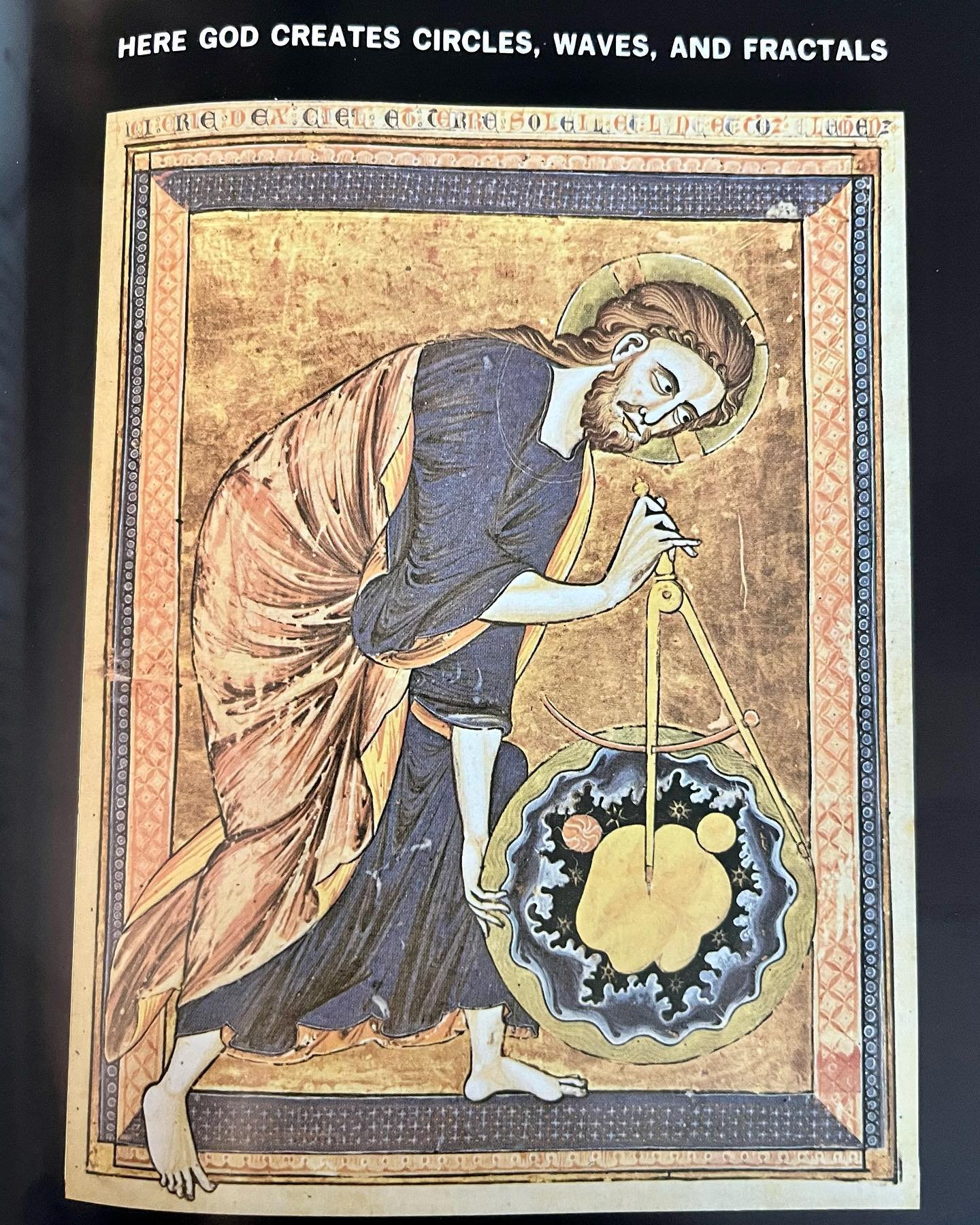 I just found this picture in a book that my mom gave to me because of my interest in sacred geometry. It&rsquo;s supposed to depict &ldquo;God&rdquo; creating circles, waves, and fractals. But to me, it looks like he&rsquo;s using a pair of jacks on 