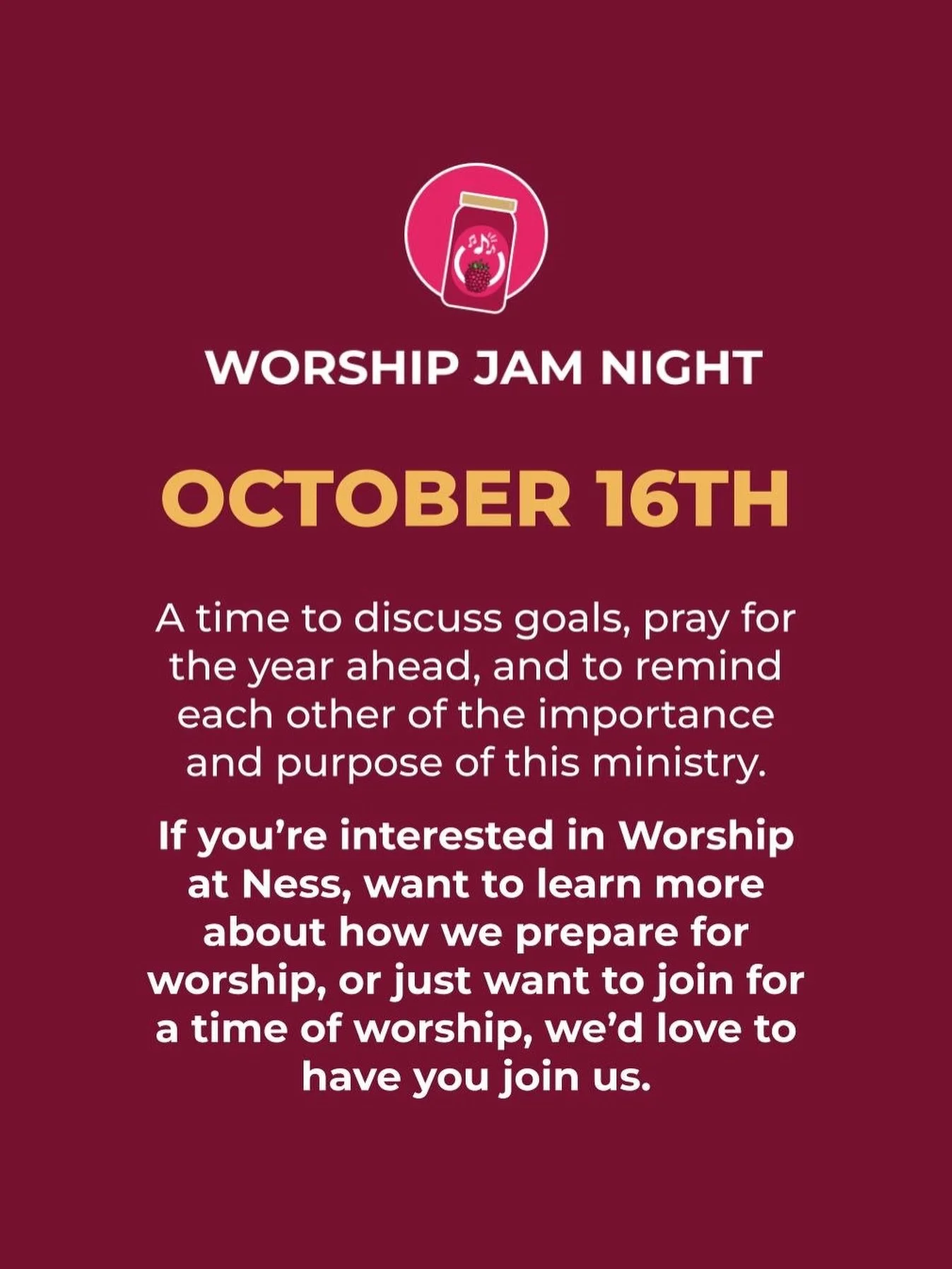 We will discuss goals, pray for the year ahead, and remind each other of the importance and purpose of our worship ministry at Ness.

If you want to learn more about how we prepare for worship or just want to join for a time of worship, we would love
