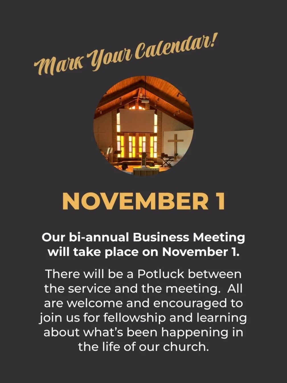 Save the date of November 1 👈

We will having a fellowship lunch after the service - plan to join our community 💛 You can sign up to bring food for the potluck by following the link in our profile

Following lunch we will be having our business mee