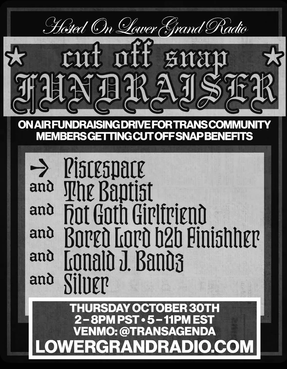 today tune into @lowergrandradio from 2-8pm for a mini telethon with some excellent DJs, raising funds for trans community members who are affected by the SNAP cutoff next month 🖤 send your donations to the venmo on the third slide &amp; check out t